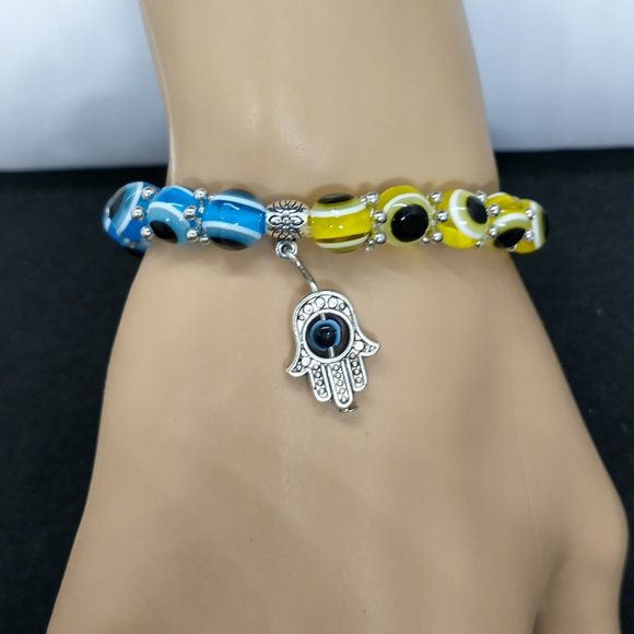 Bracelet / Evil Eye Beads with Hand Charm Beautiful Yellow AND Blue beads - Picture 4 of 7